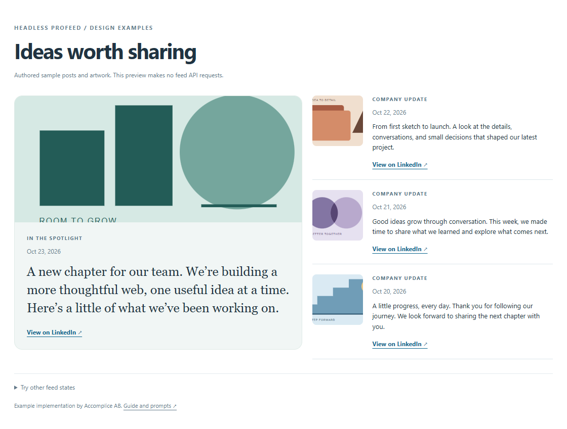 Featured update example implementation with authored sample posts